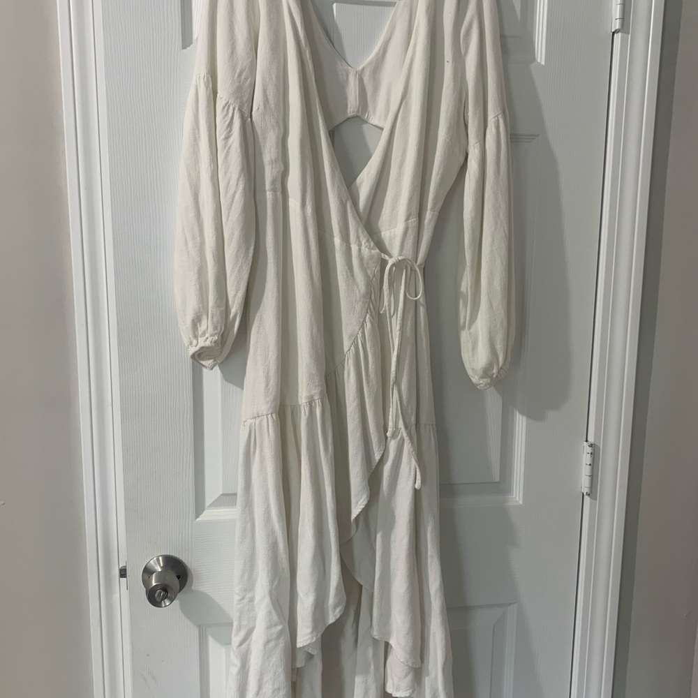 Lulu's Cream Tiered Wrap Sundress with Bishop Sleeves